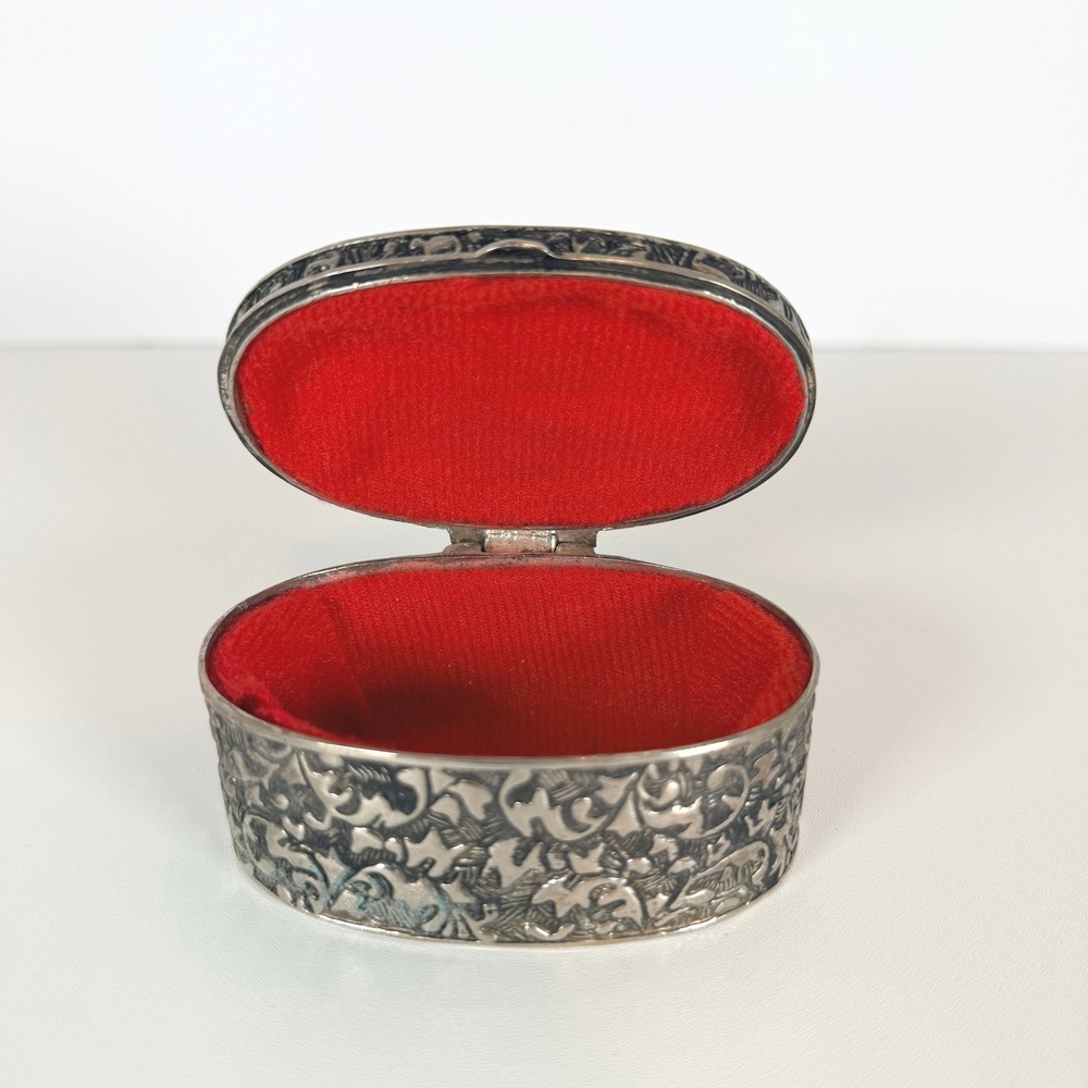 Antique Trinket Jewelry Box Ornate Silver Tone Oval Floral Design with Patina